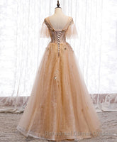 Champagne Round Neck Tulle Lace Long Semi Formal Prom Dress, Semi Formal Prom Dress